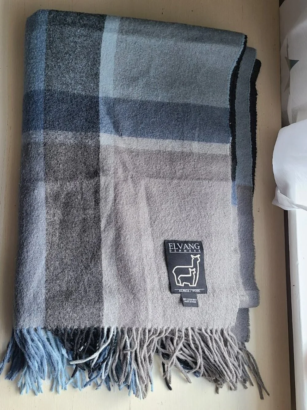 Elvang Denmark Alpaca Wool Throw Blanket Gray Blue Plaid 52x71 Made in Peru
